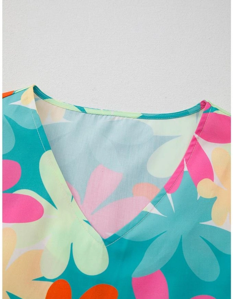 Pink Floral Print Bubble Sleeve V Neck Peplum Blouse