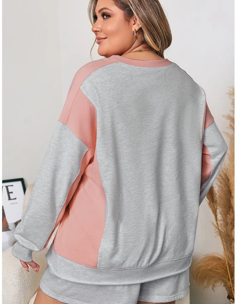 Light Grey Uneven Hem Colorblock Pullover Casual Shorts Plus Size 2pcs Outfit
