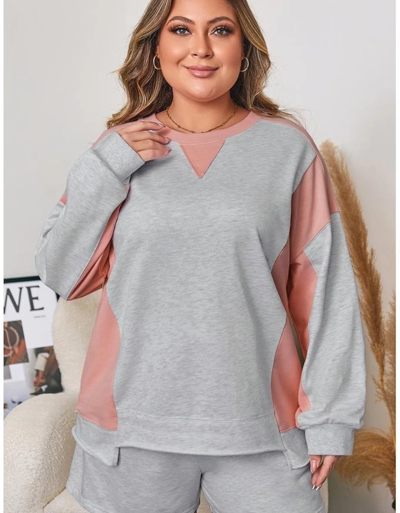 Light Grey Uneven Hem Colorblock Pullover Casual Shorts Plus Size 2pcs Outfit