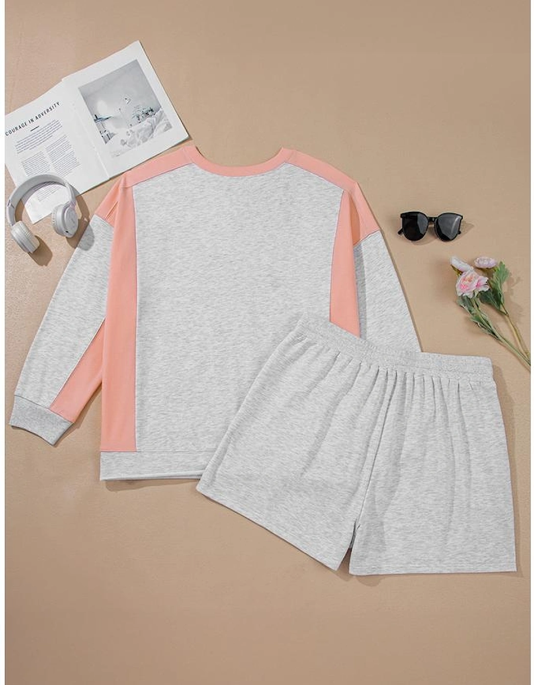 Light Grey Uneven Hem Colorblock Pullover Casual Shorts Plus Size 2pcs Outfit