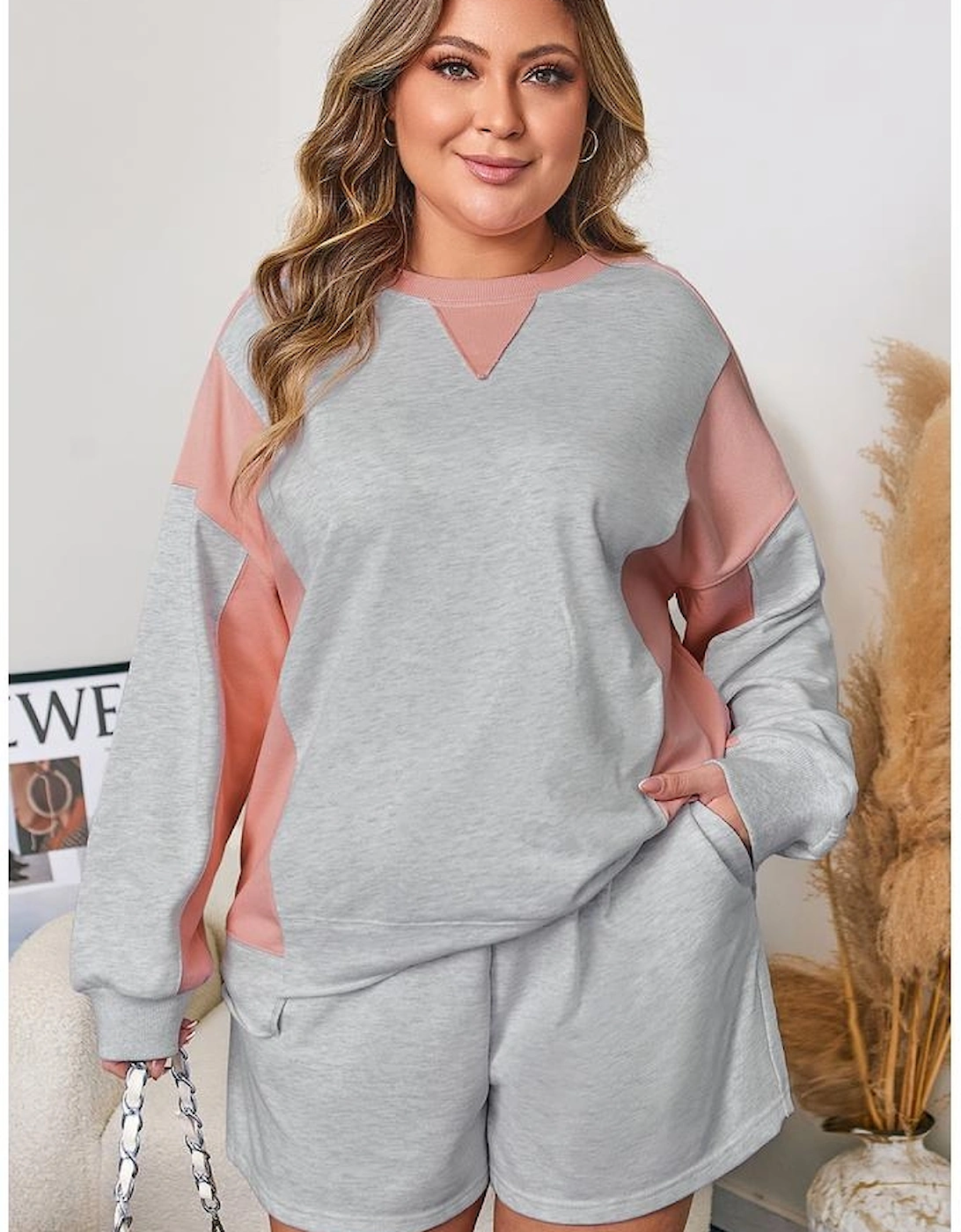 Light Grey Uneven Hem Colorblock Pullover Casual Shorts Plus Size 2pcs Outfit