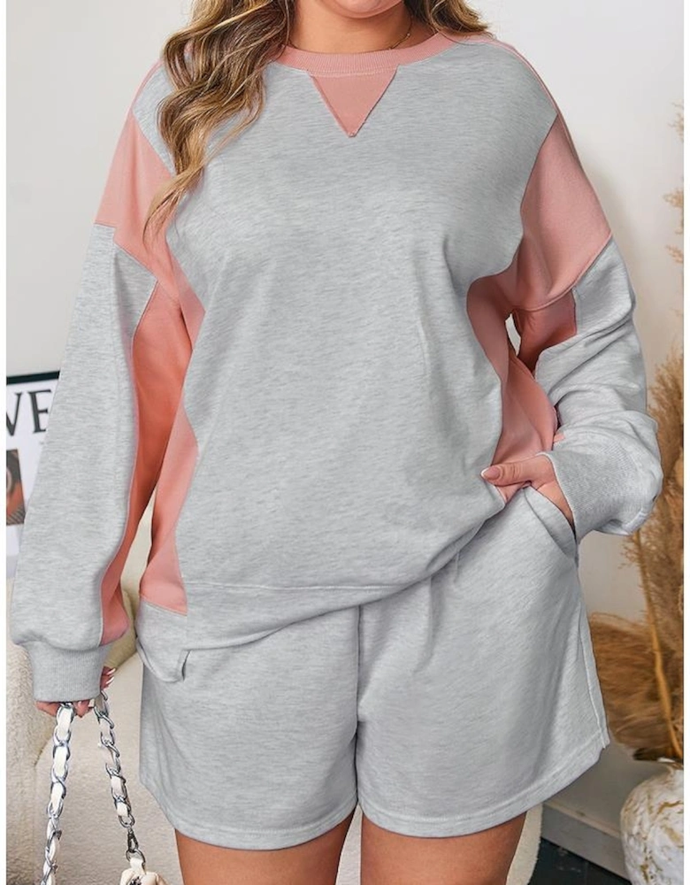 Light Grey Uneven Hem Colorblock Pullover Casual Shorts Plus Size 2pcs Outfit
