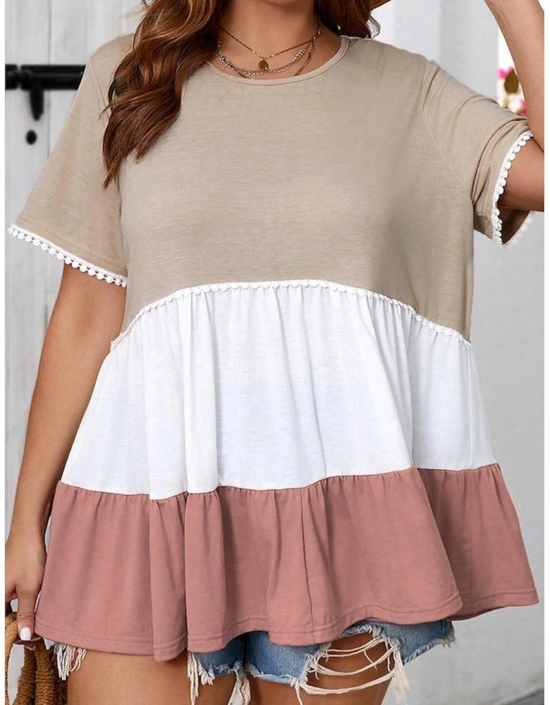 Beige Plus Size Color Block Lace Trim Ruffled Blouse