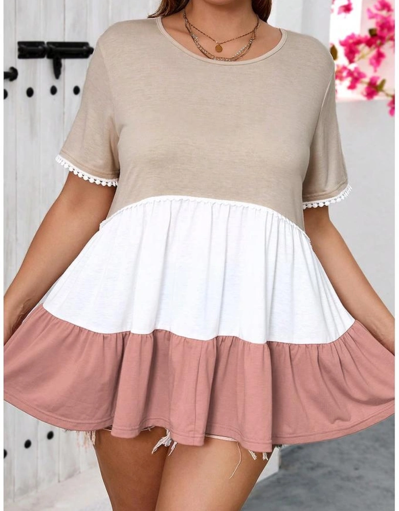 Beige Plus Size Color Block Lace Trim Ruffled Blouse