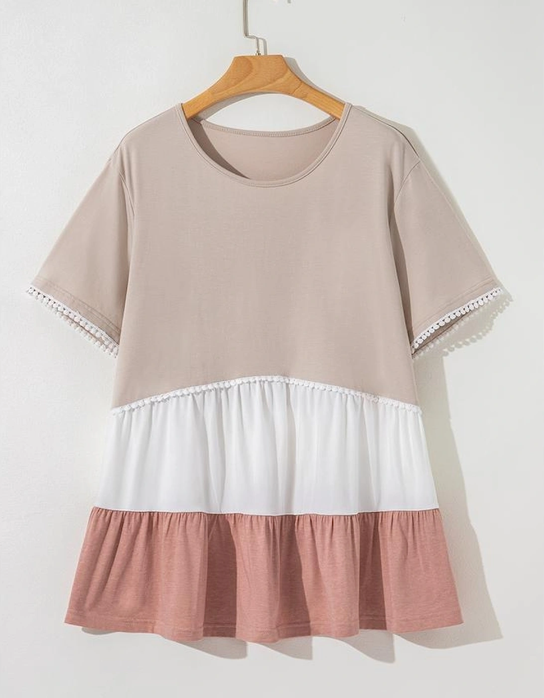 Beige Plus Size Color Block Lace Trim Ruffled Blouse