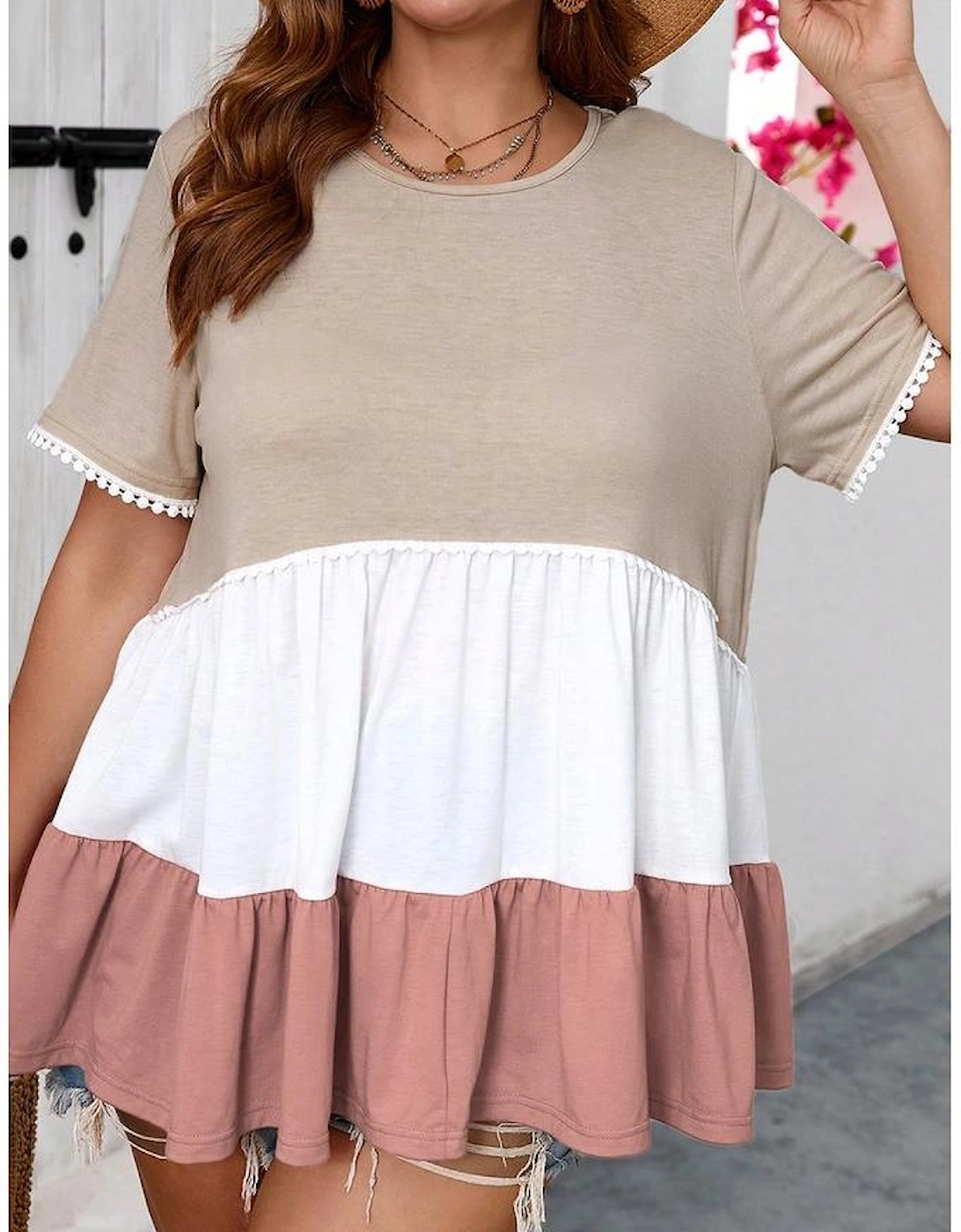 Beige Plus Size Color Block Lace Trim Ruffled Blouse