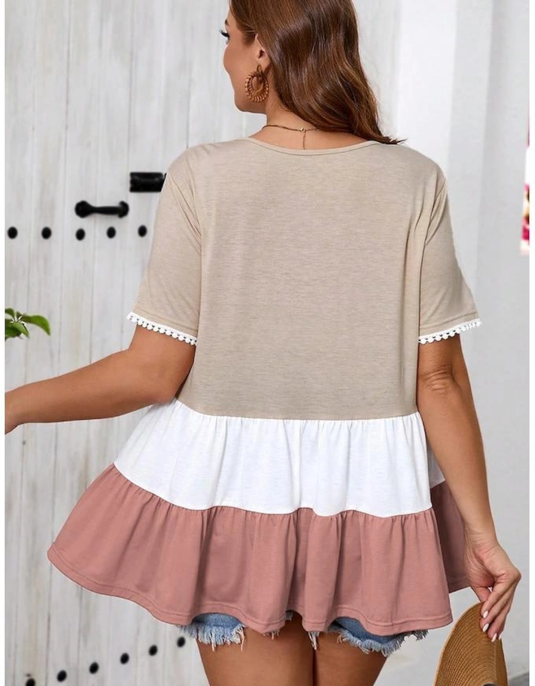 Beige Plus Size Color Block Lace Trim Ruffled Blouse