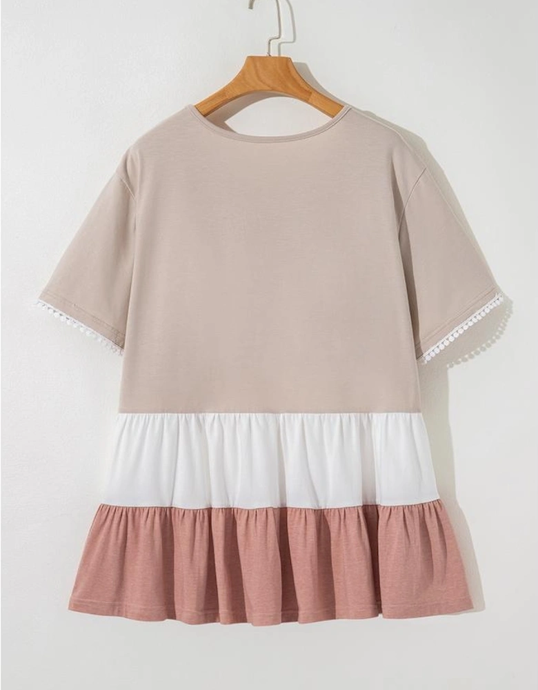 Beige Plus Size Color Block Lace Trim Ruffled Blouse