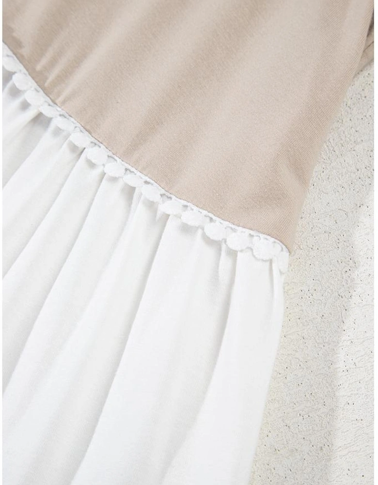 Beige Plus Size Color Block Lace Trim Ruffled Blouse