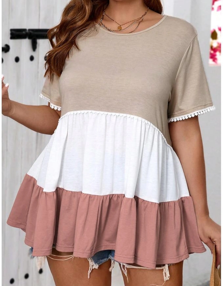 Beige Plus Size Color Block Lace Trim Ruffled Blouse