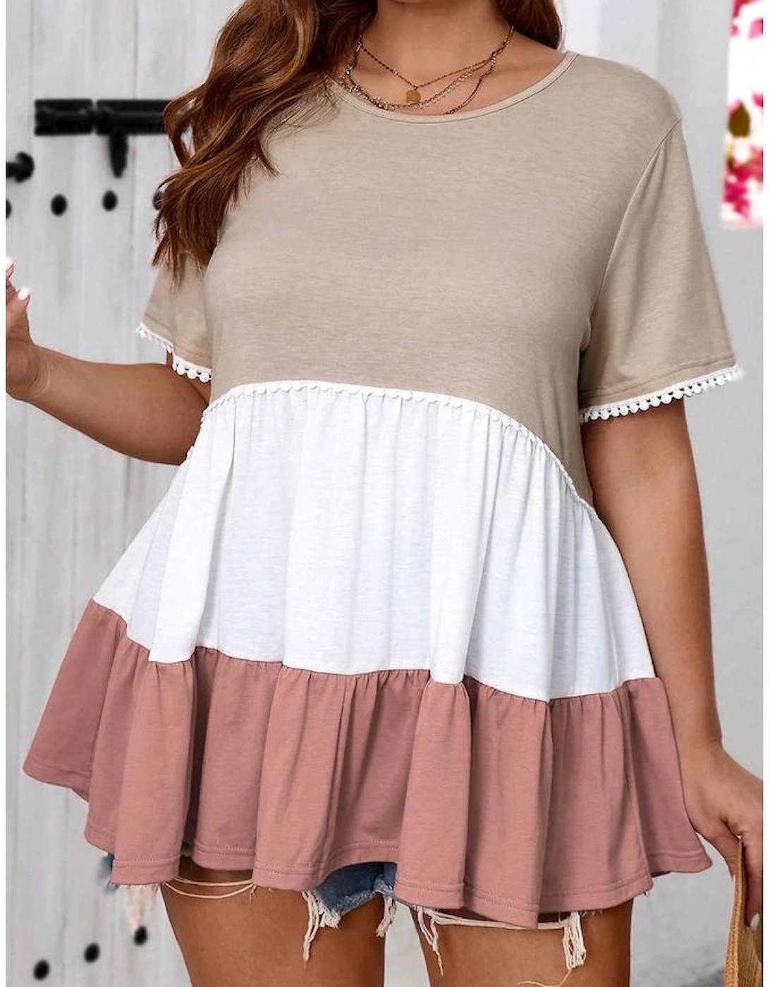 Beige Plus Size Color Block Lace Trim Ruffled Blouse