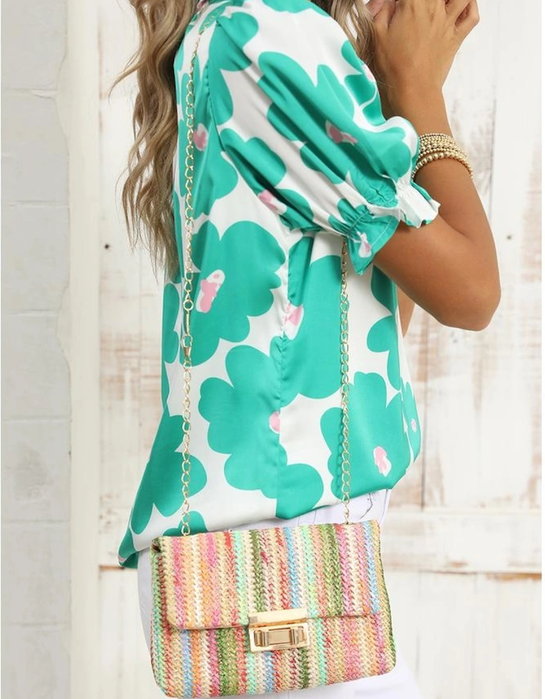 Strawberry Pink Bohemian Woven Gold Chain Shoulder Bag