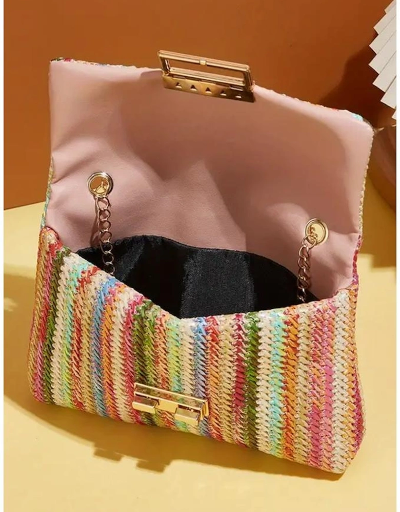 Strawberry Pink Bohemian Woven Gold Chain Shoulder Bag