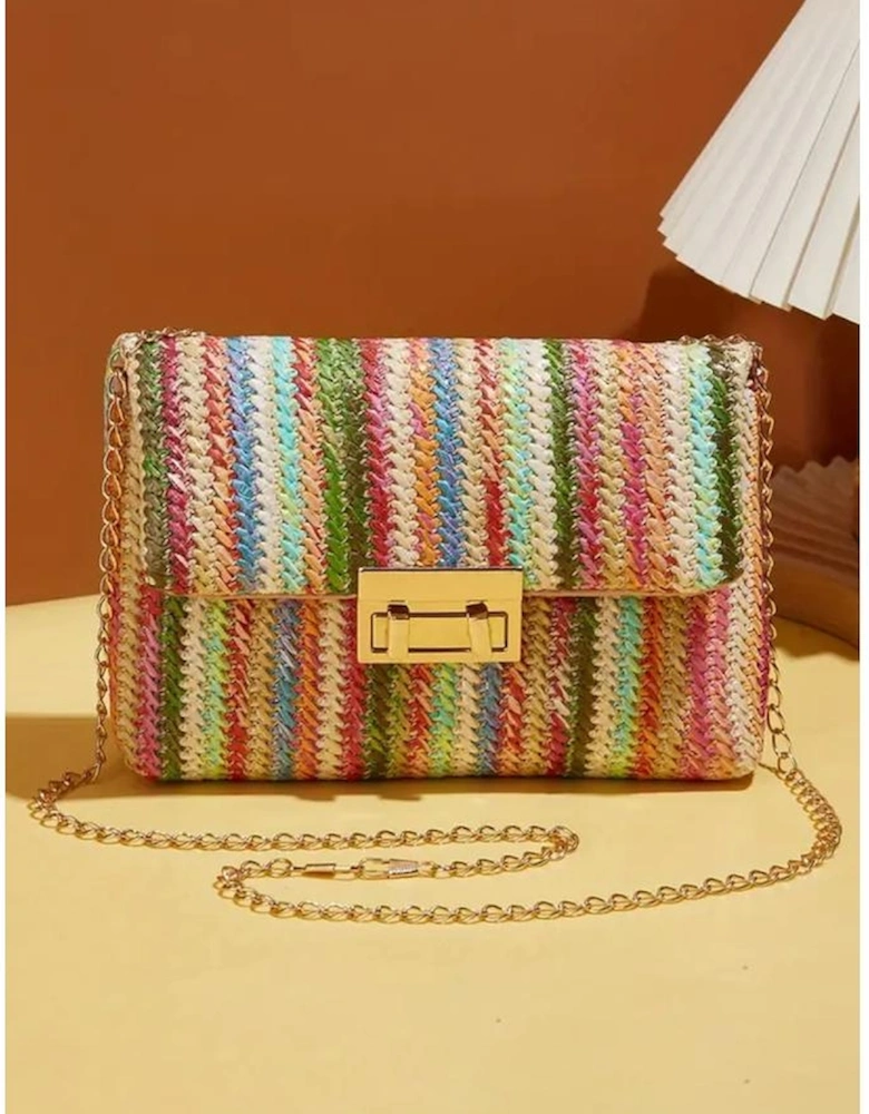 Strawberry Pink Bohemian Woven Gold Chain Shoulder Bag