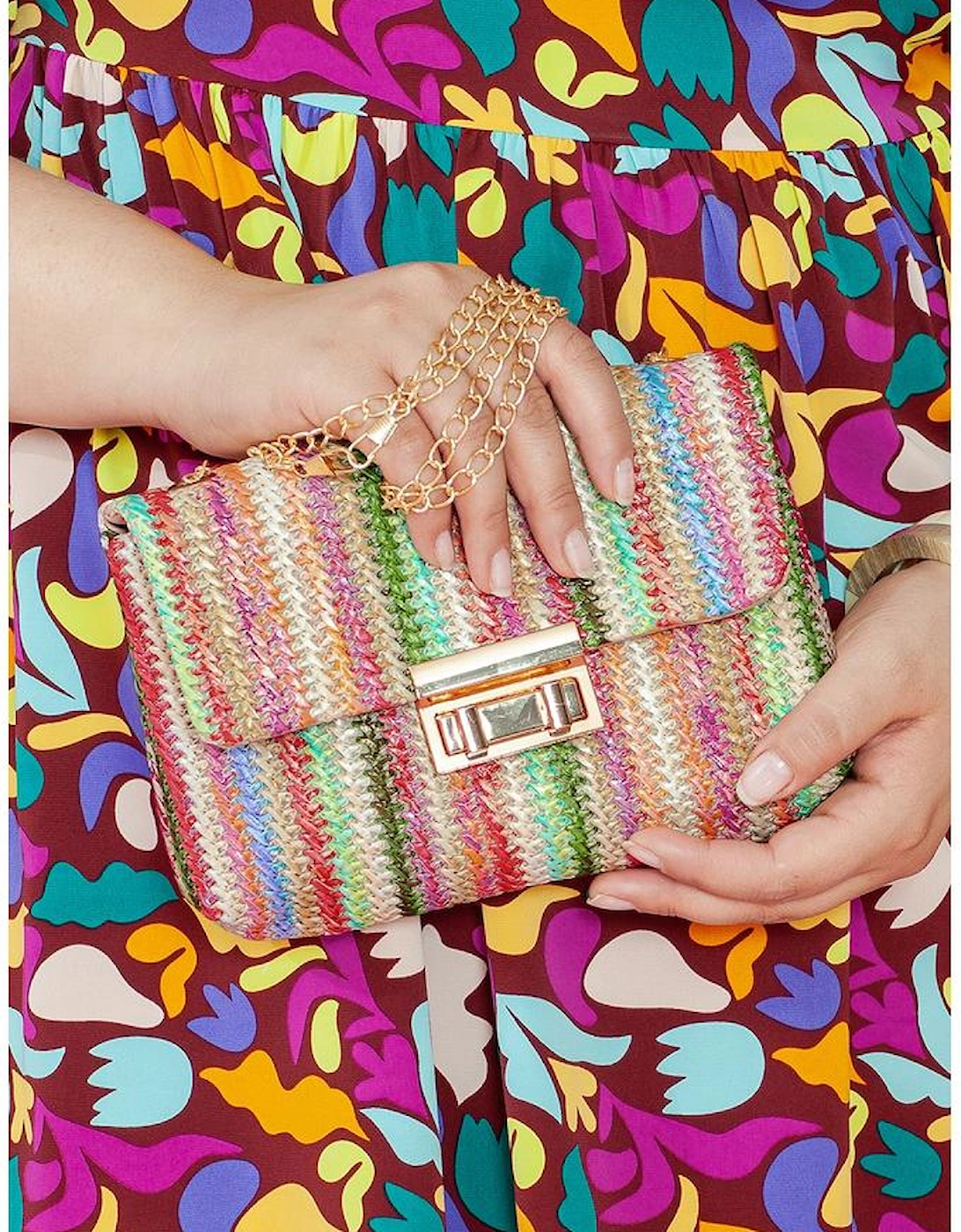 Strawberry Pink Bohemian Woven Gold Chain Shoulder Bag