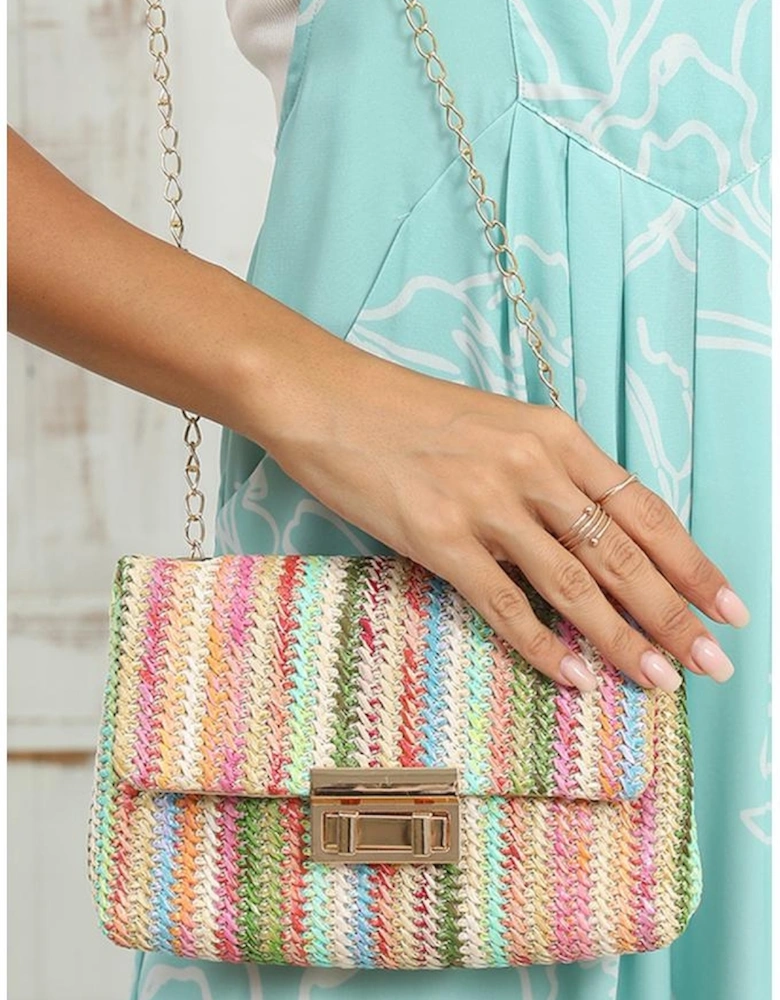 Strawberry Pink Bohemian Woven Gold Chain Shoulder Bag