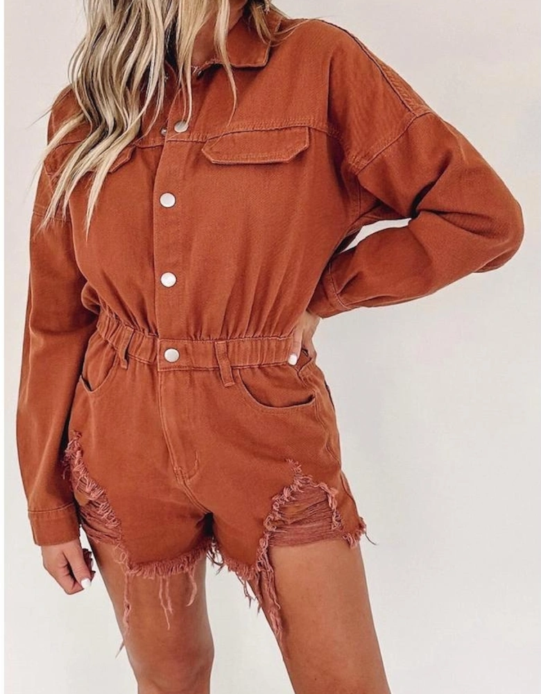 Gold Flame Long Sleeve Snap Buttons Distressed Denim Romper