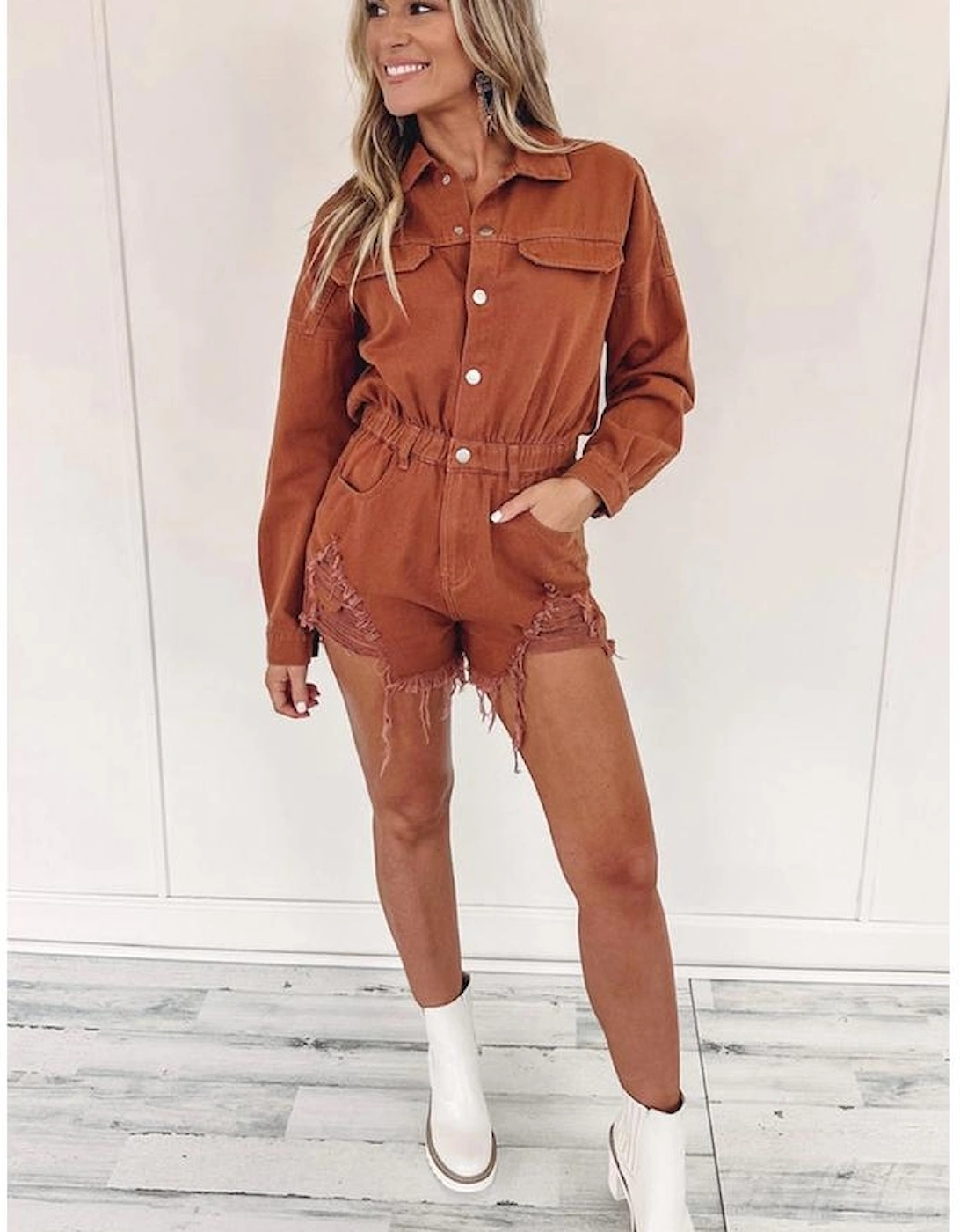 Gold Flame Long Sleeve Snap Buttons Distressed Denim Romper, 8 of 7