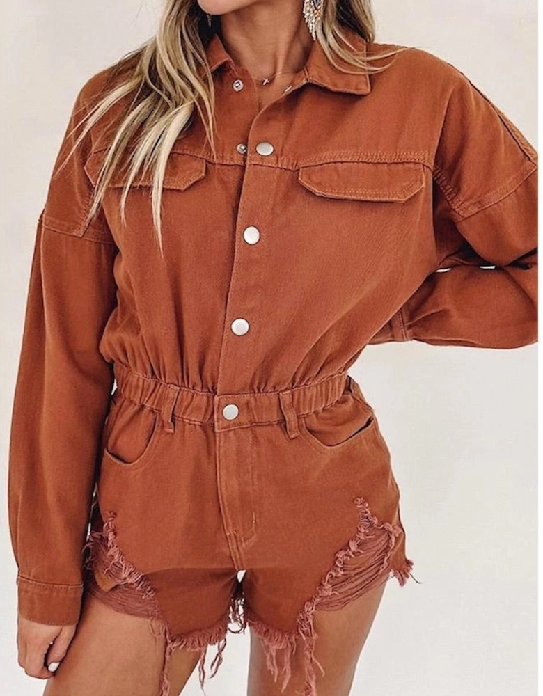 Gold Flame Long Sleeve Snap Buttons Distressed Denim Romper