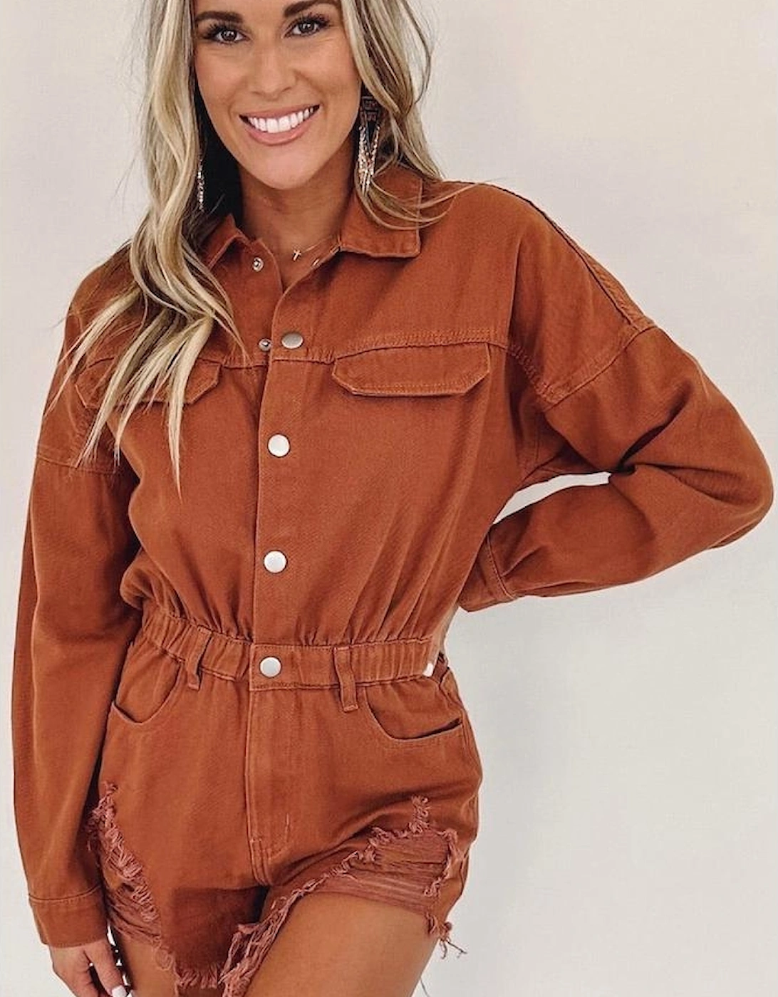 Gold Flame Long Sleeve Snap Buttons Distressed Denim Romper