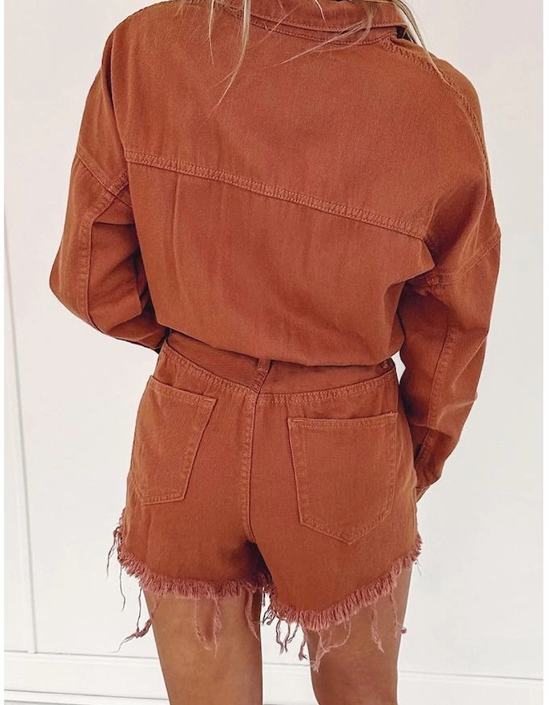 Gold Flame Long Sleeve Snap Buttons Distressed Denim Romper