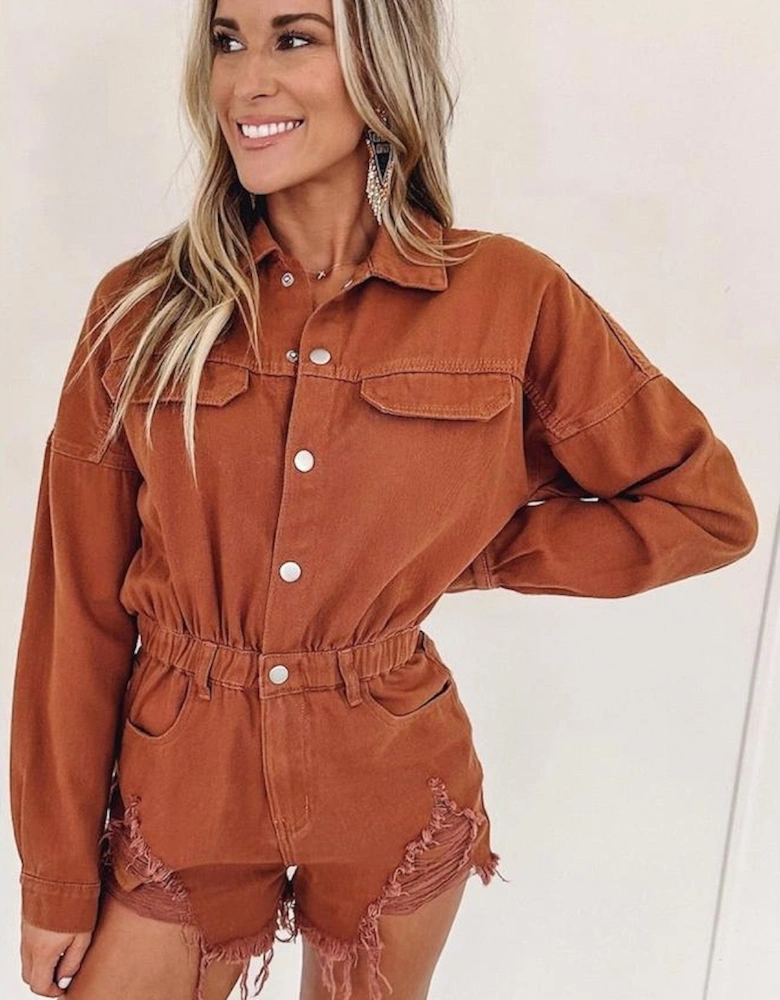 Gold Flame Long Sleeve Snap Buttons Distressed Denim Romper