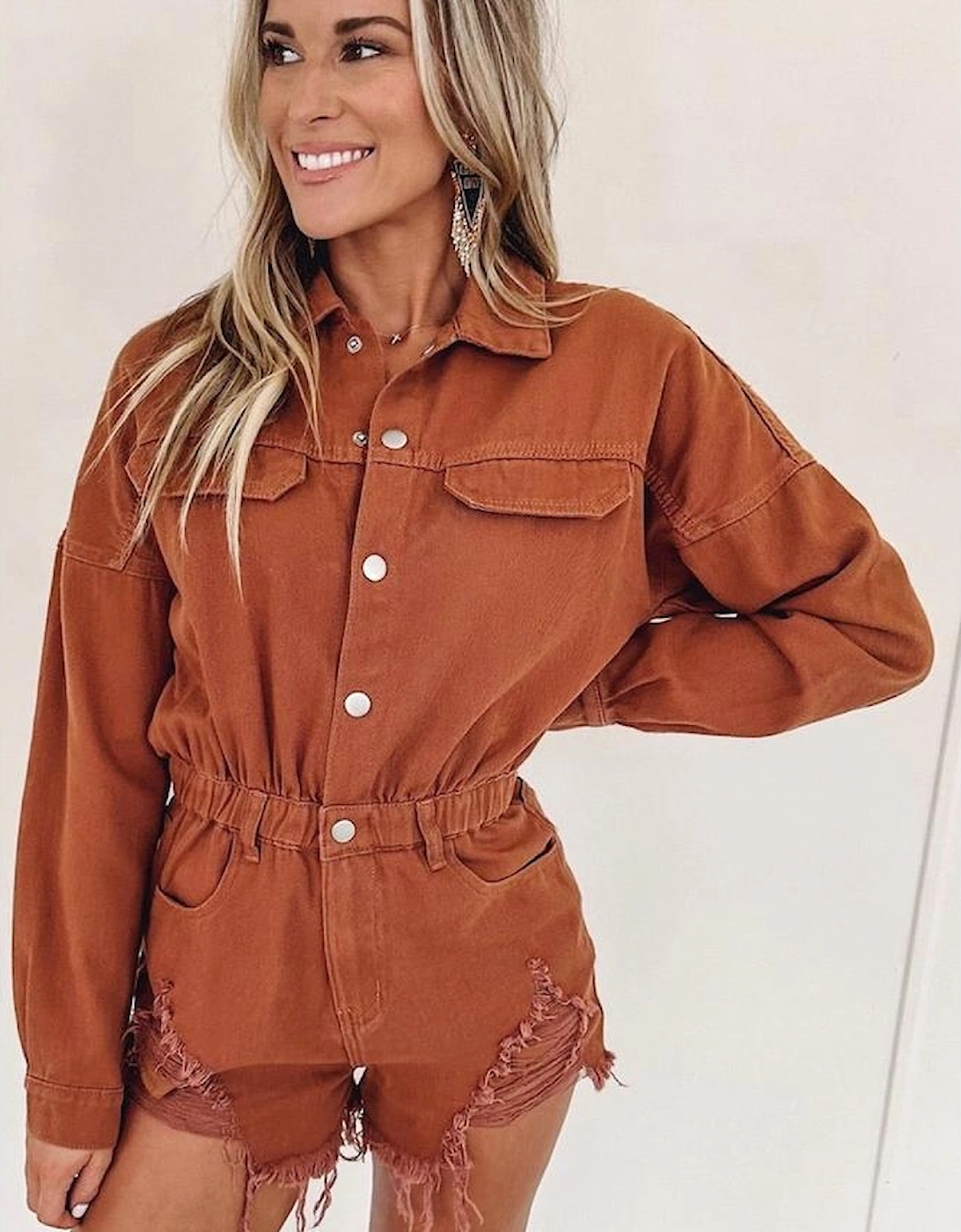 Gold Flame Long Sleeve Snap Buttons Distressed Denim Romper