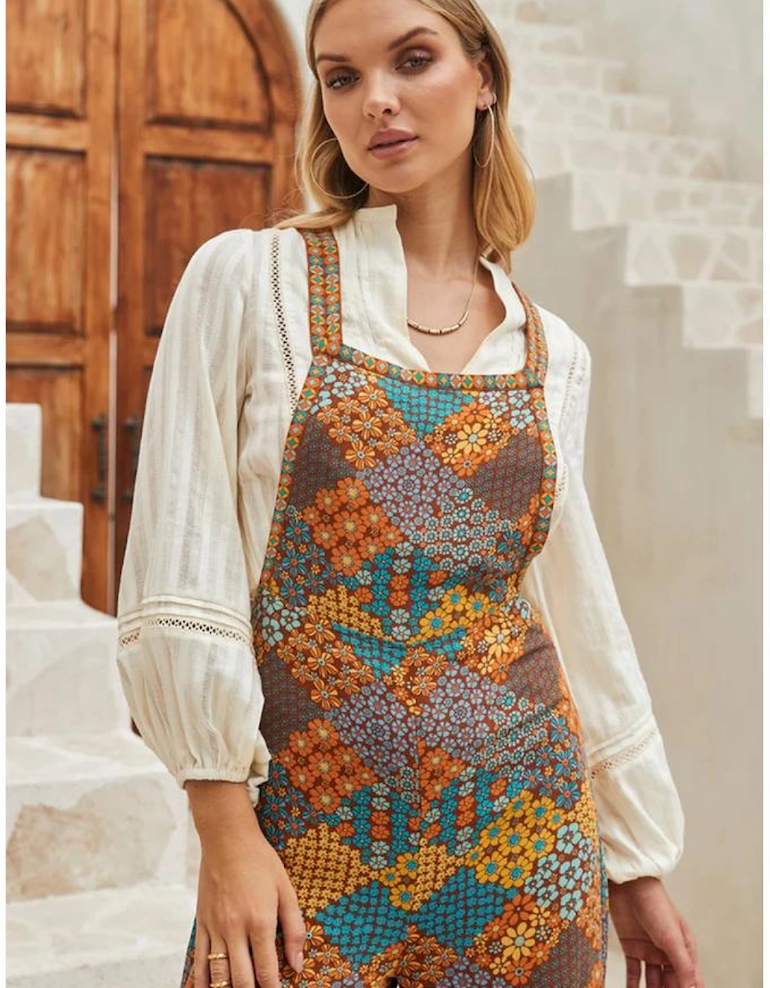 Multicolour Boho Floral Print Crossed Straps Ankle-length Jumpsuit