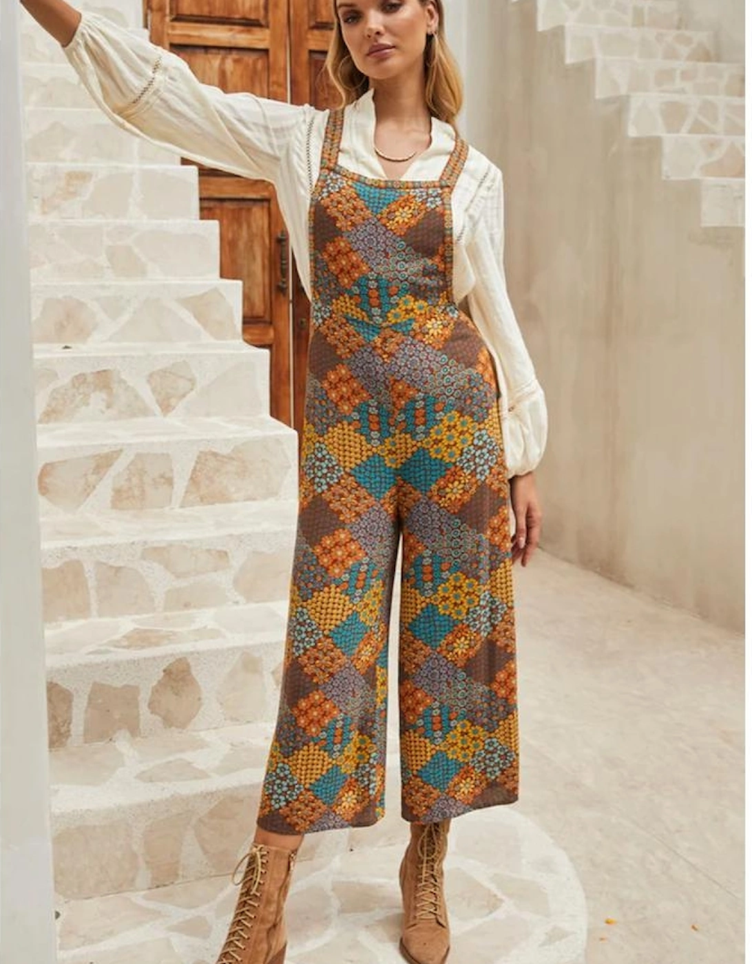 Multicolour Boho Floral Print Crossed Straps Ankle-length Jumpsuit