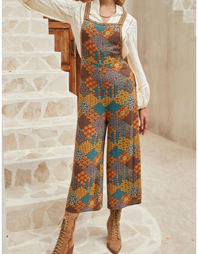 Multicolour Boho Floral Print Crossed Straps Ankle-length Jumpsuit