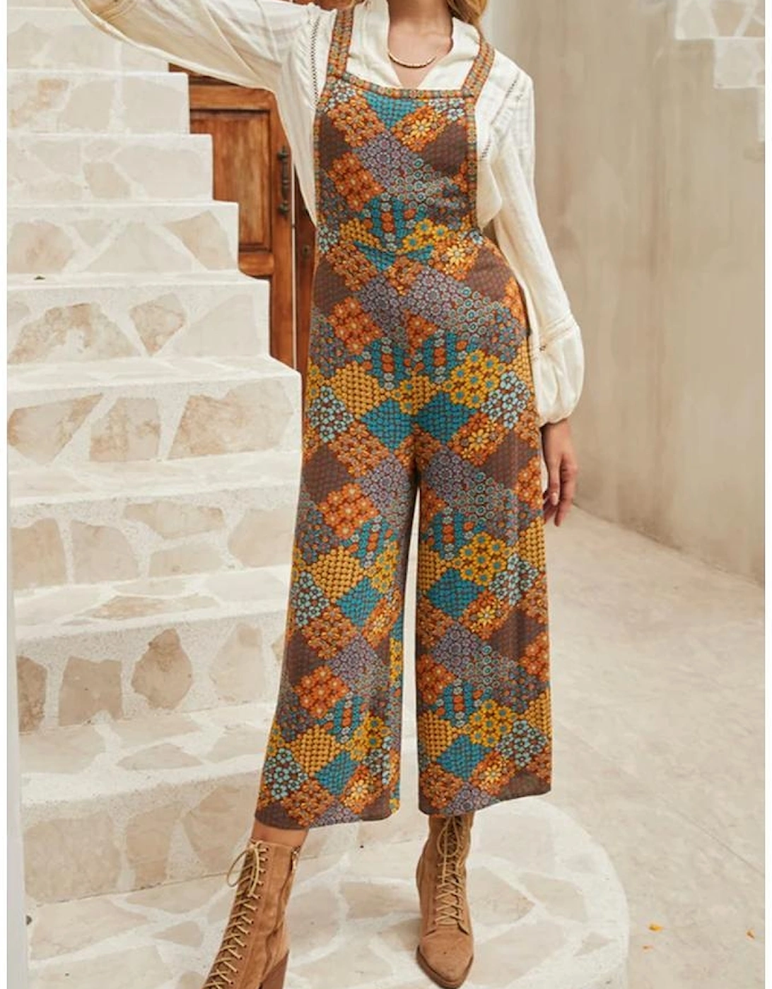 Multicolour Boho Floral Print Crossed Straps Ankle-length Jumpsuit