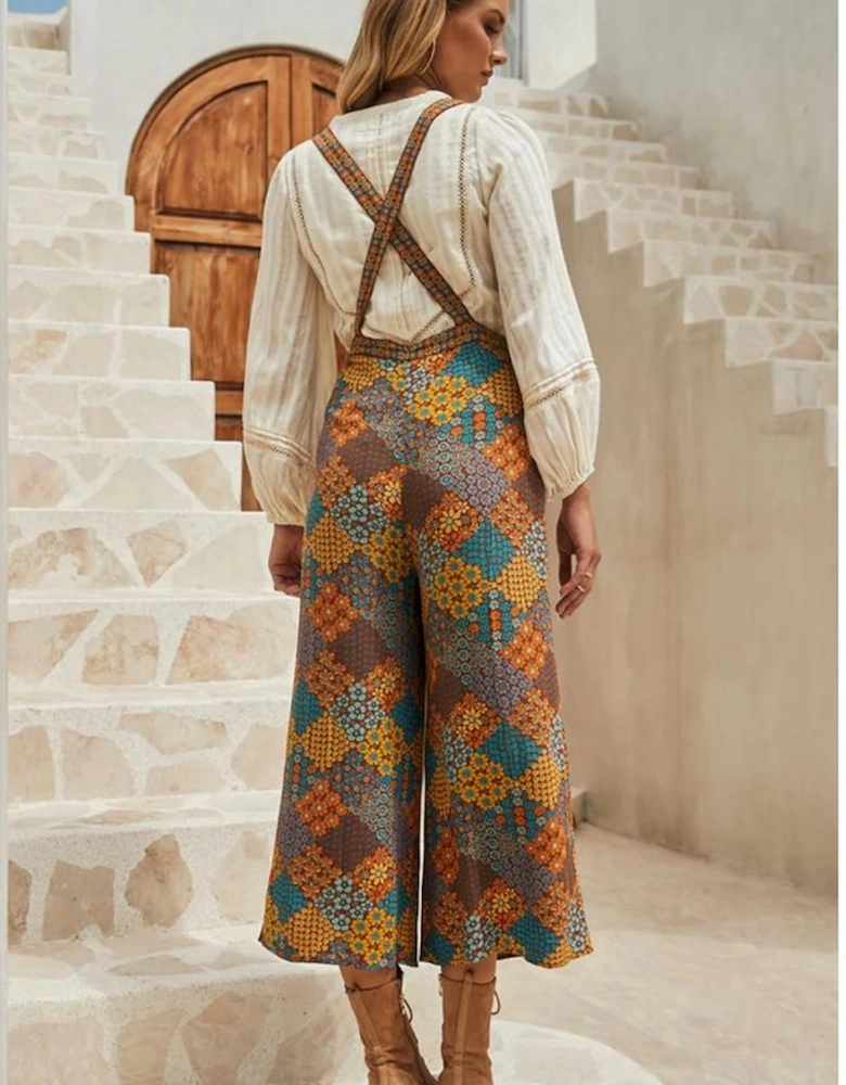 Multicolour Boho Floral Print Crossed Straps Ankle-length Jumpsuit