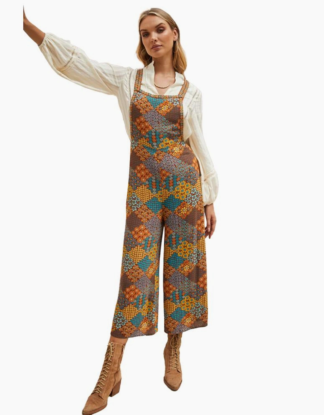 Multicolour Boho Floral Print Crossed Straps Ankle-length Jumpsuit