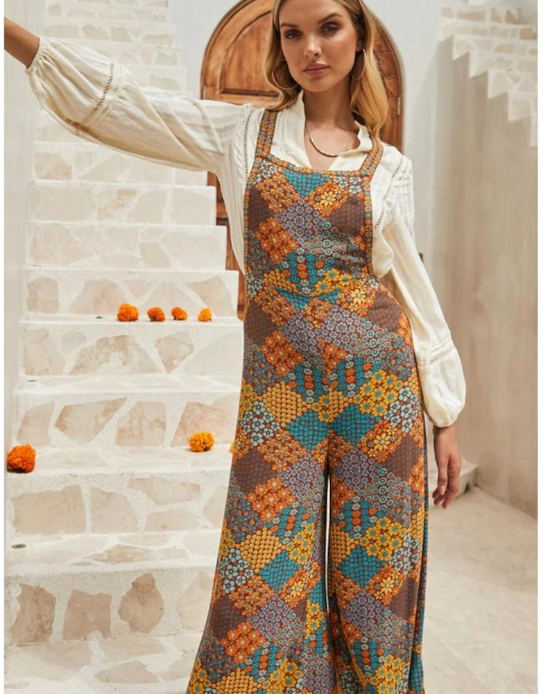 Multicolour Boho Floral Print Crossed Straps Ankle-length Jumpsuit