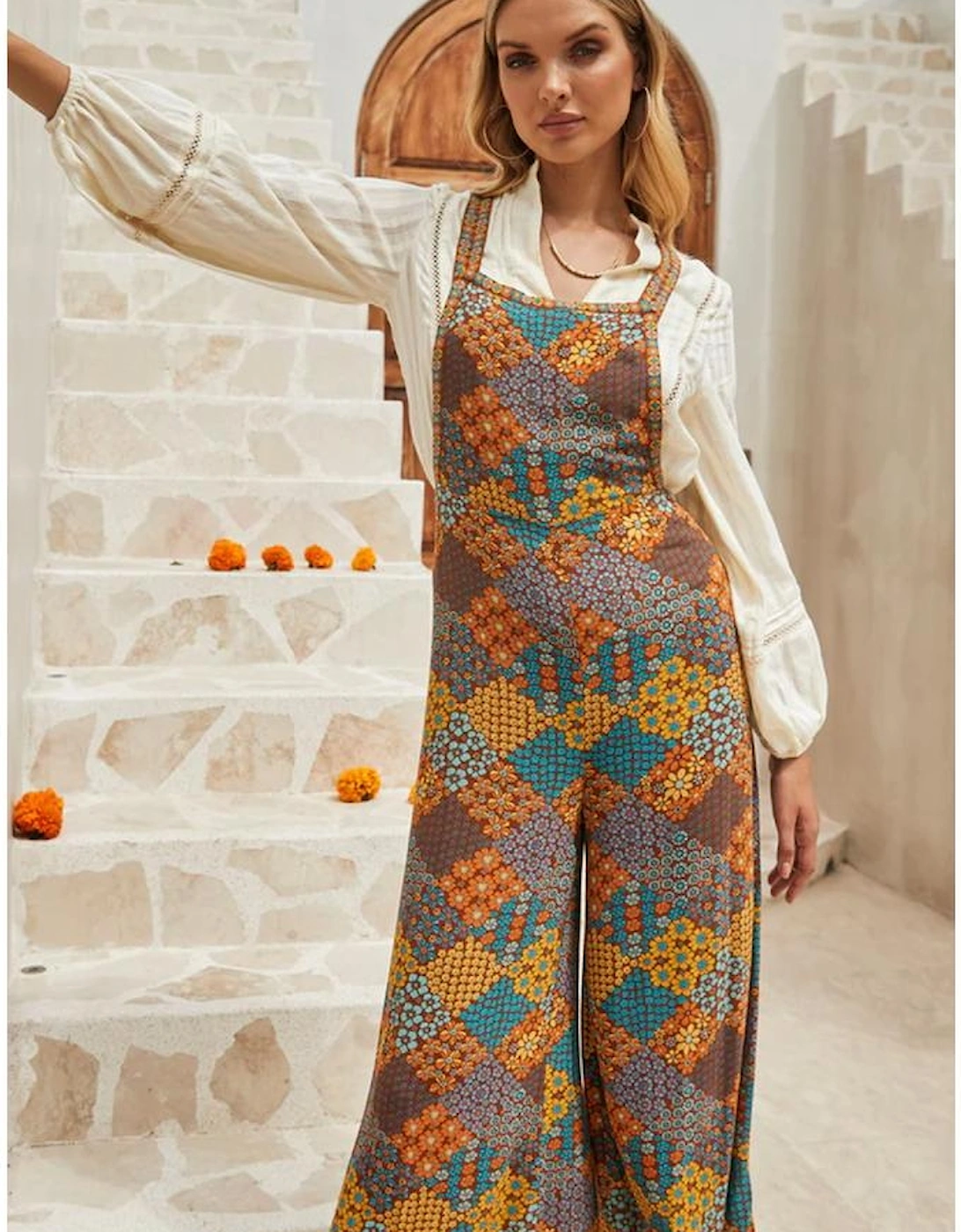 Multicolour Boho Floral Print Crossed Straps Ankle-length Jumpsuit