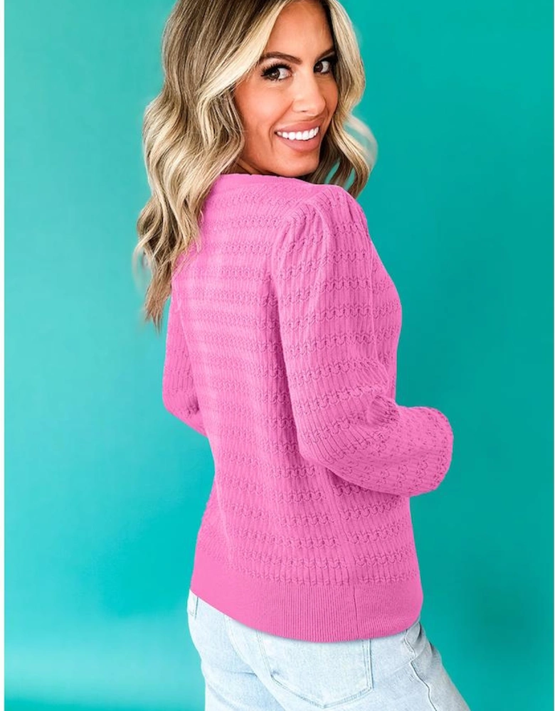 Bright Pink Trendy Pattern Knit Ribbed Cuffs Crew Neck Sweater