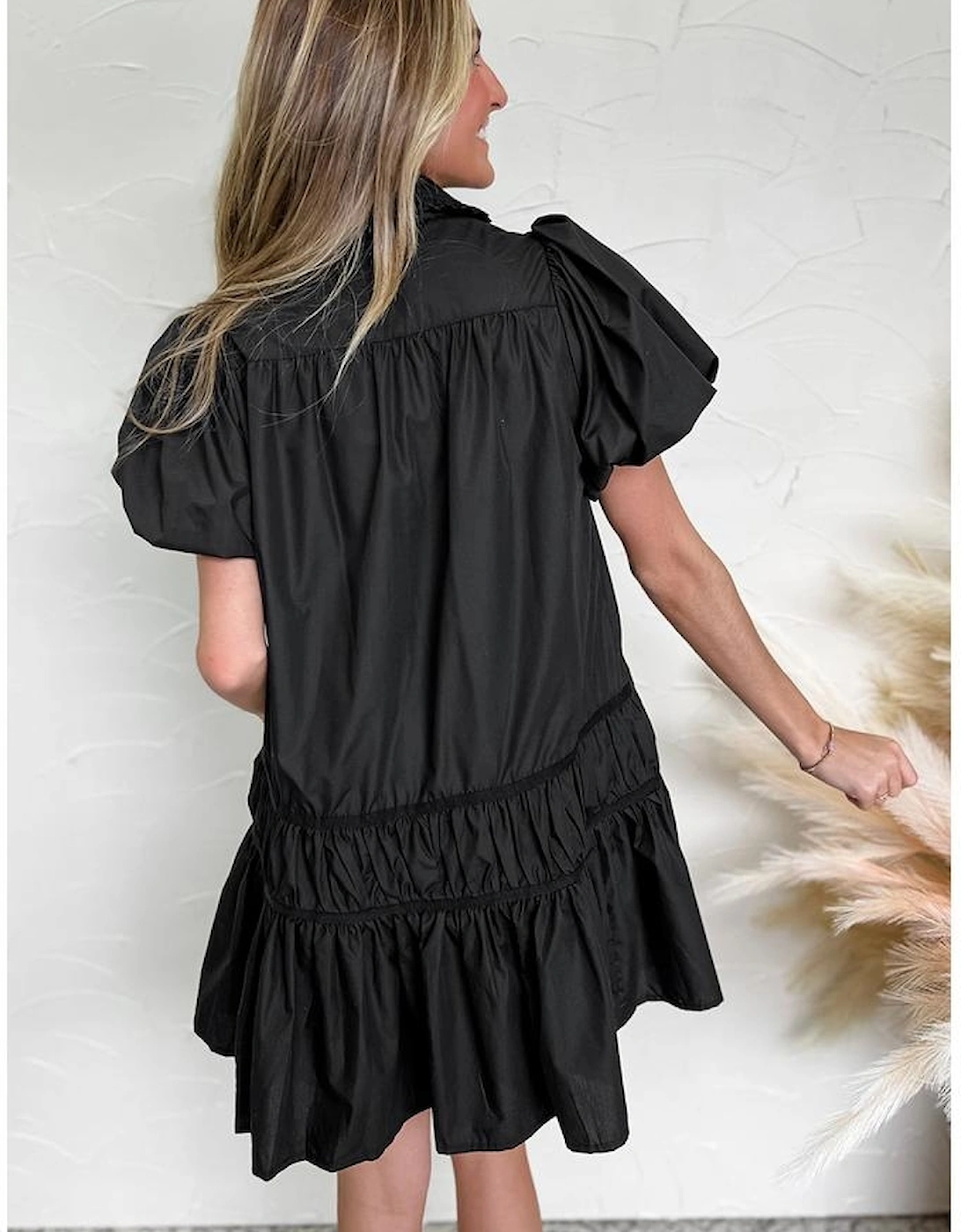 Black Shirt Style Button Down Puff Sleeve Ruffle Hem Dress, 15 of 14