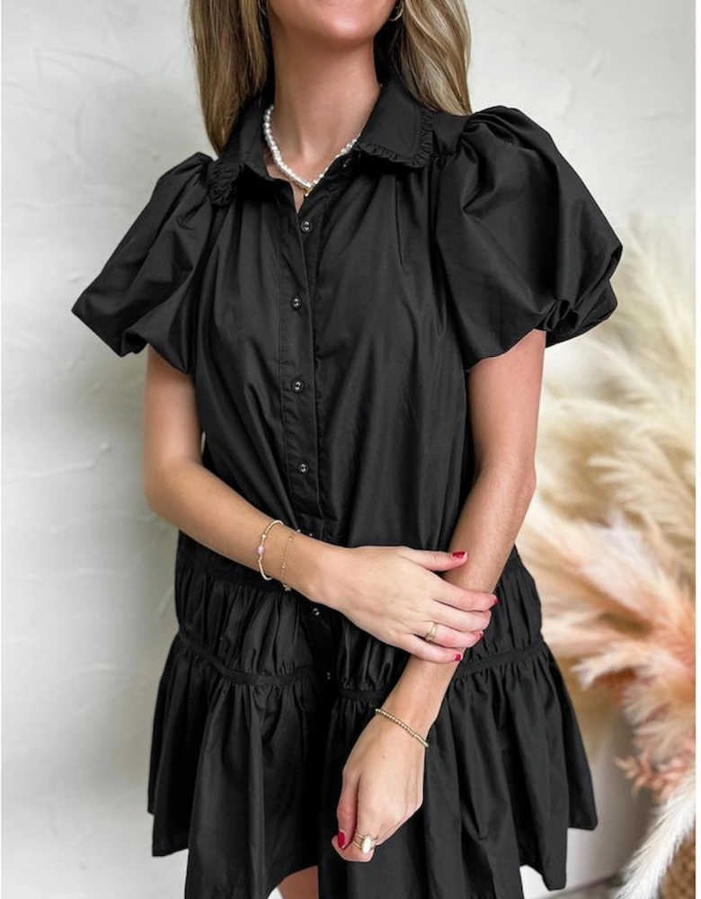 Black Shirt Style Button Down Puff Sleeve Ruffle Hem Dress