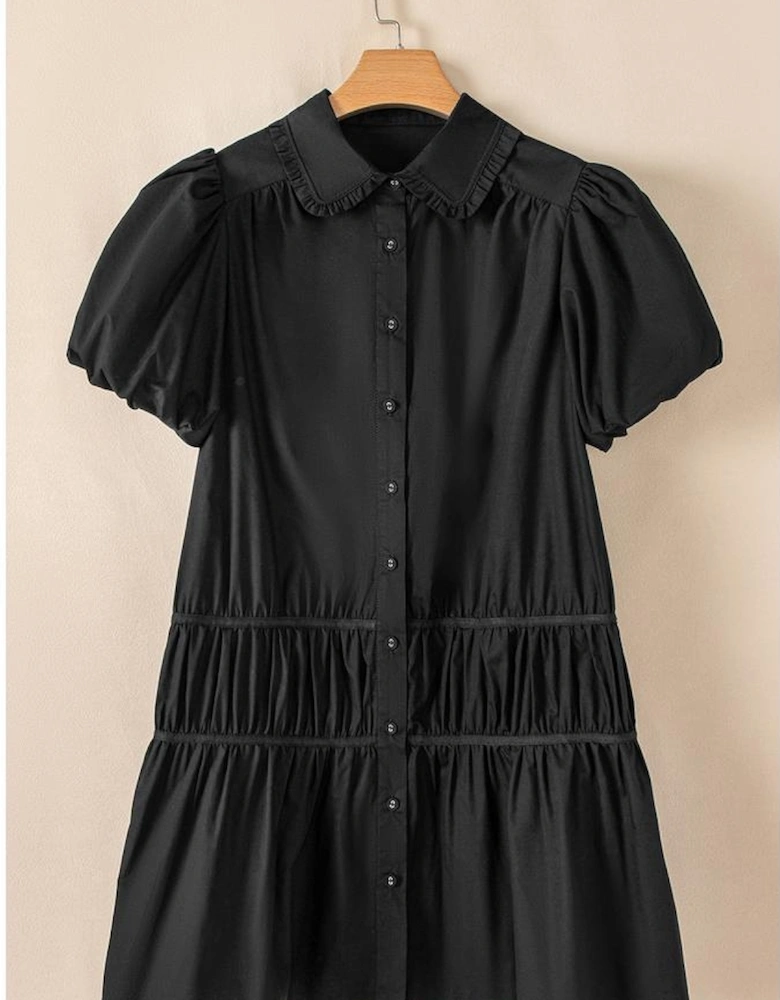Black Shirt Style Button Down Puff Sleeve Ruffle Hem Dress