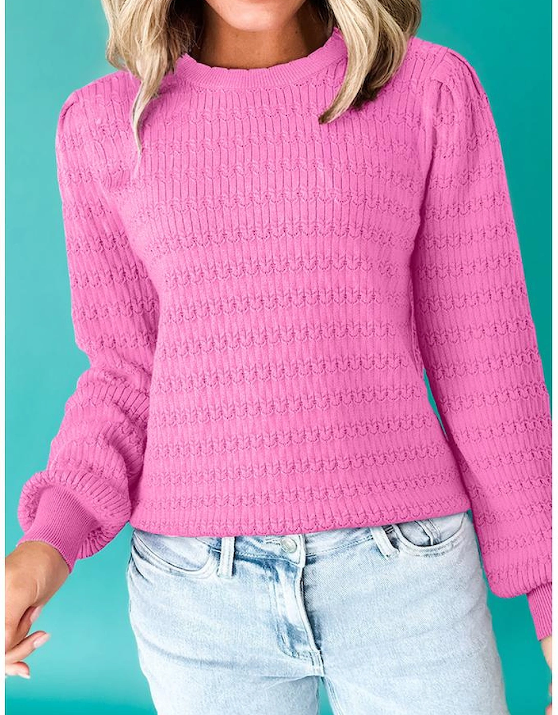 Bright Pink Trendy Pattern Knit Ribbed Cuffs Crew Neck Sweater