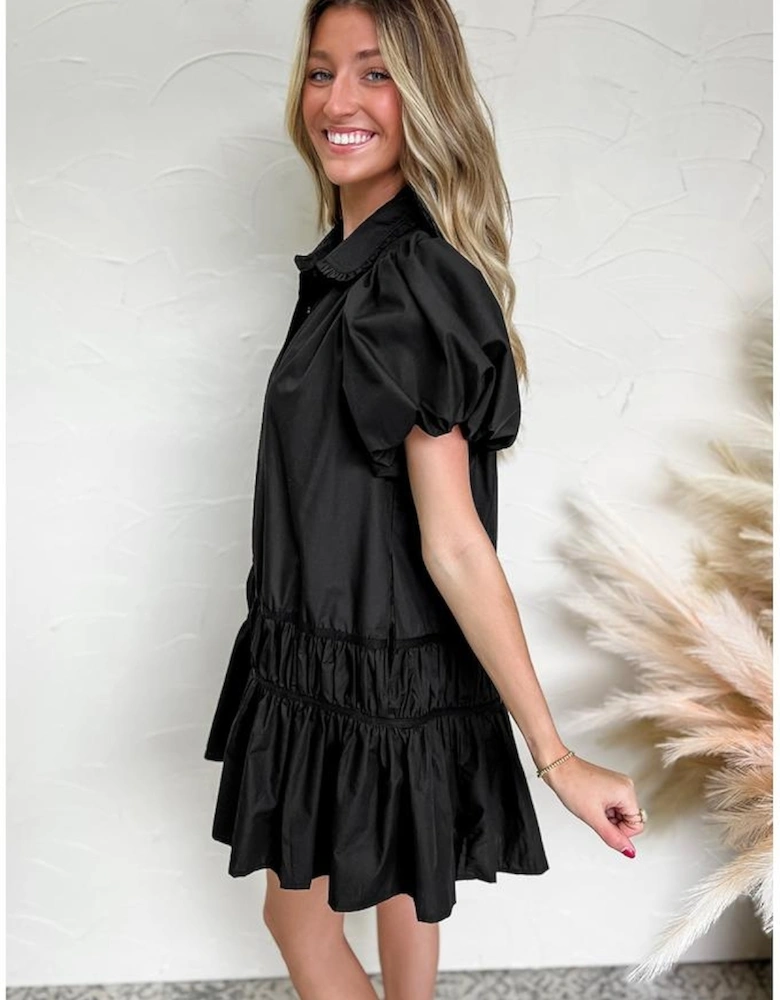 Black Shirt Style Button Down Puff Sleeve Ruffle Hem Dress