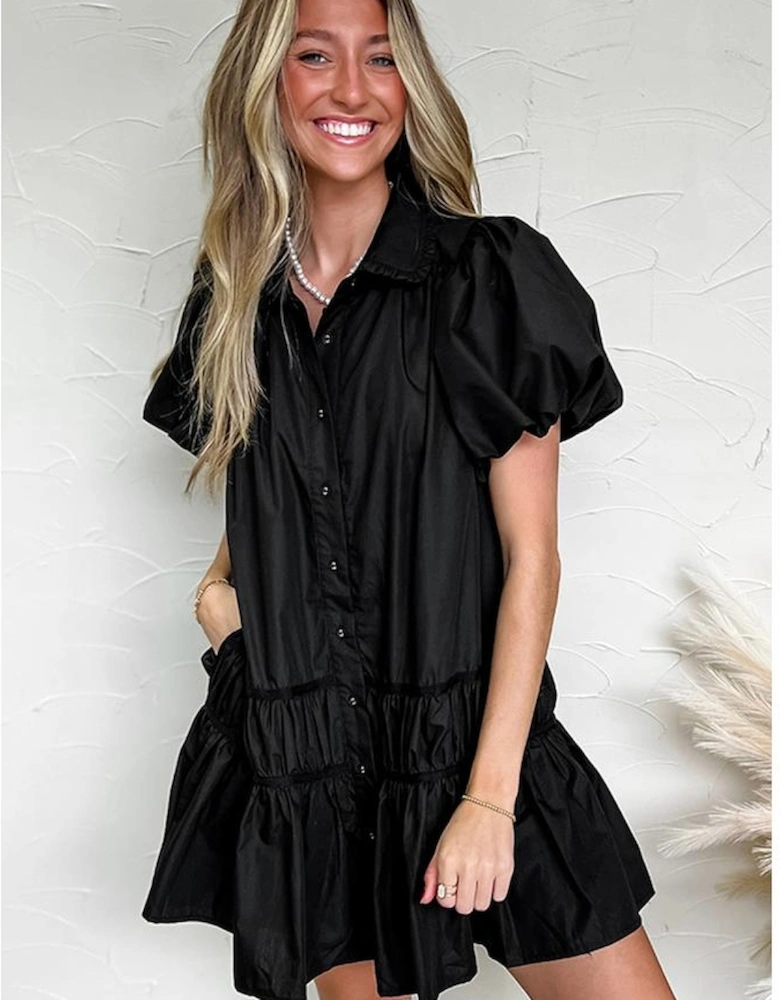 Black Shirt Style Button Down Puff Sleeve Ruffle Hem Dress