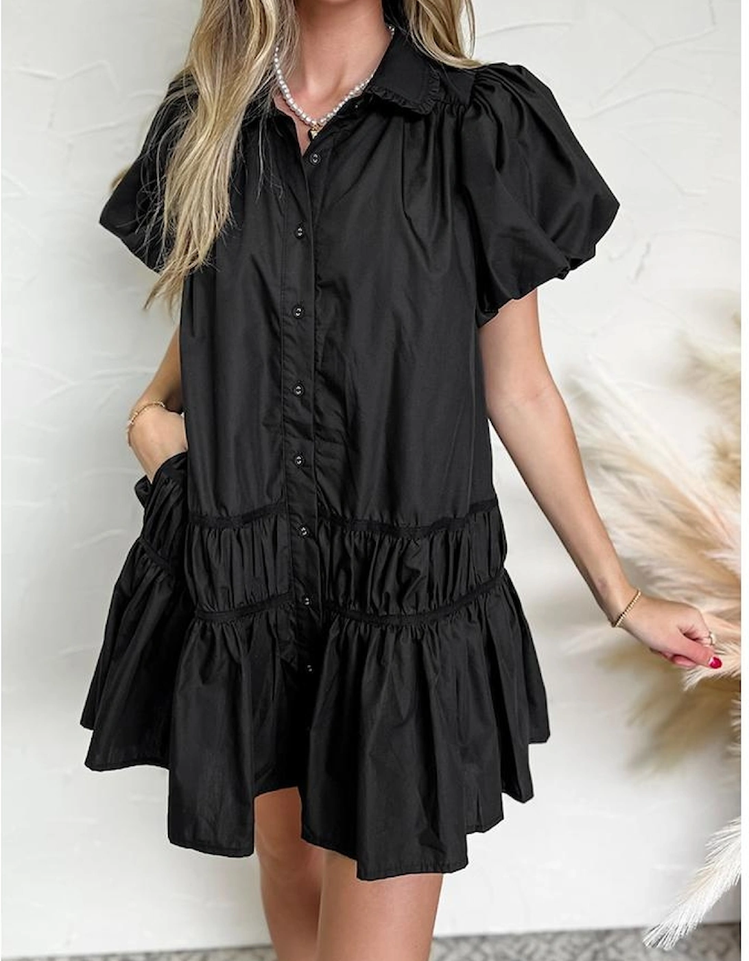 Black Shirt Style Button Down Puff Sleeve Ruffle Hem Dress