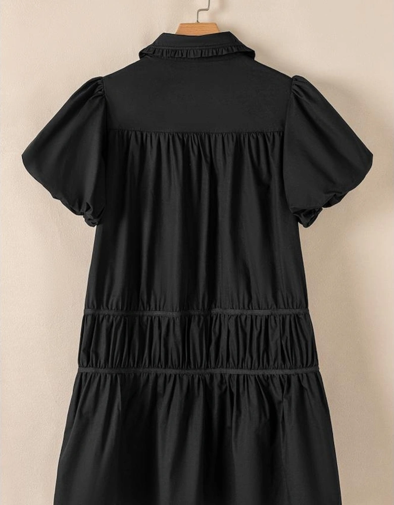 Black Shirt Style Button Down Puff Sleeve Ruffle Hem Dress