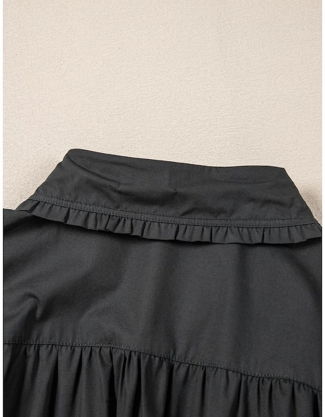 Black Shirt Style Button Down Puff Sleeve Ruffle Hem Dress