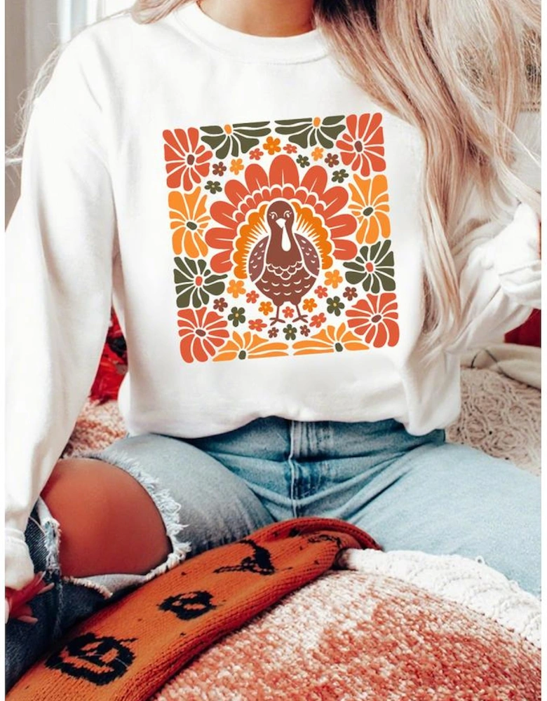 White Thanksgiving Turkey Graphic Holiday Crew Neck Sweatshirt