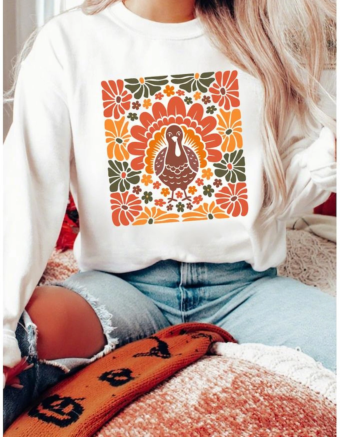 White Thanksgiving Turkey Graphic Holiday Crew Neck Sweatshirt