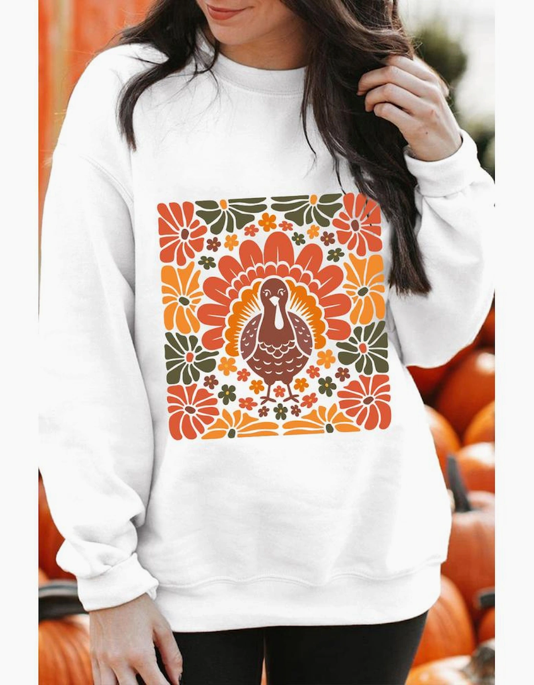 White Thanksgiving Turkey Graphic Holiday Crew Neck Sweatshirt, 6 of 5