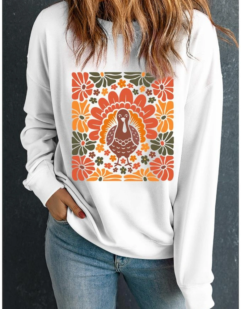 White Thanksgiving Turkey Graphic Holiday Crew Neck Sweatshirt