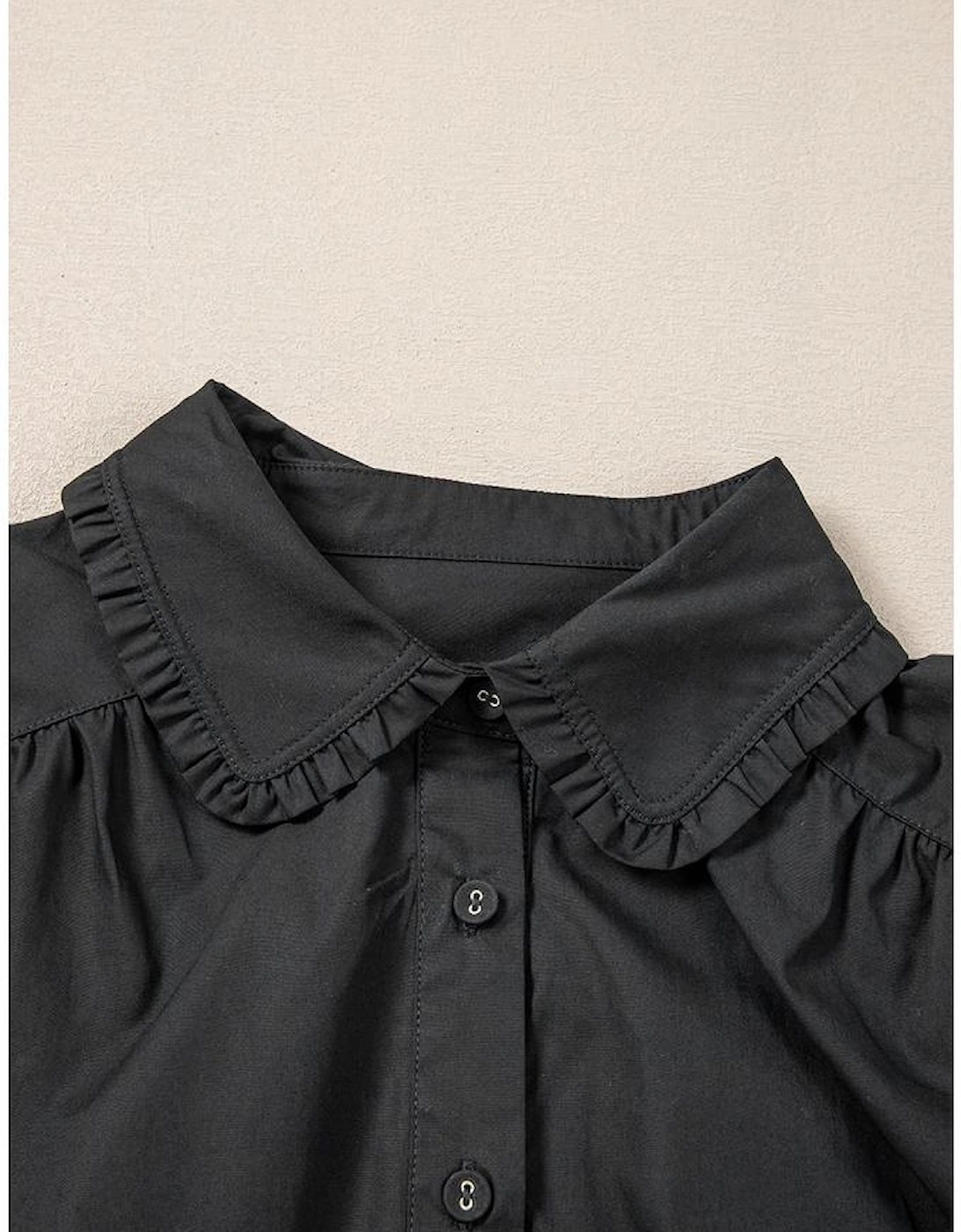 Black Shirt Style Button Down Puff Sleeve Ruffle Hem Dress